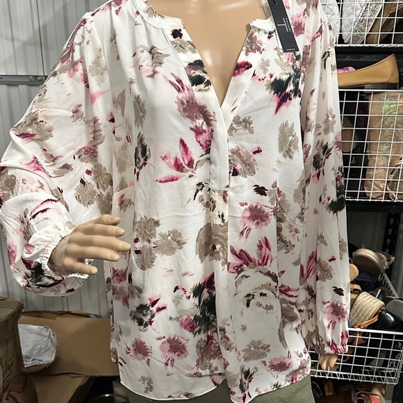 Tahari Tops - Tahari White Floral Blouse with Pink and Taupe Accents